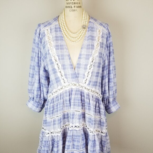Adorable Free People Light Blue & White Plaid w/Lace Time Out Tunic * Size Med - Picture 2 of 11